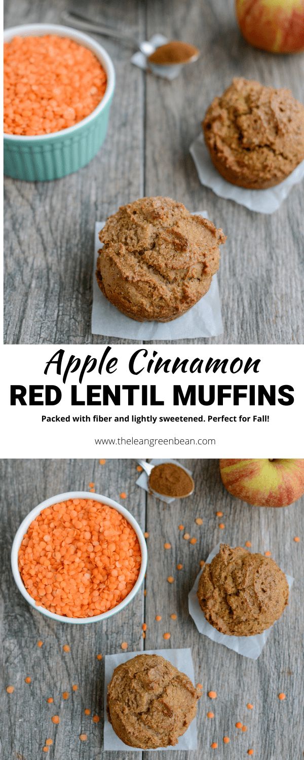 apple cinnamon red lentil muffins with apples in the background and text overlay