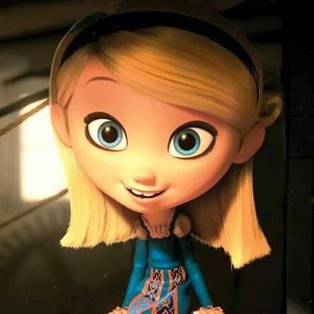 a close up of a cartoon character with big blue eyes and blonde hair wearing a dress