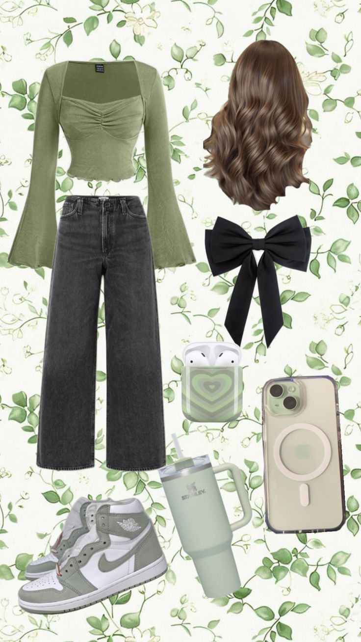 #green_fit Outfit Ideas With Green Shirt, Green Cute Outfits Korean, Green Theme Outfit, Black And Green Outfit Ideas, Green Shirt Outfit Aesthetic, Cute Green Outfits Aesthetic, Olive Green Bodysuit Outfit, Green Style Aesthetic, Green Themed Outfits