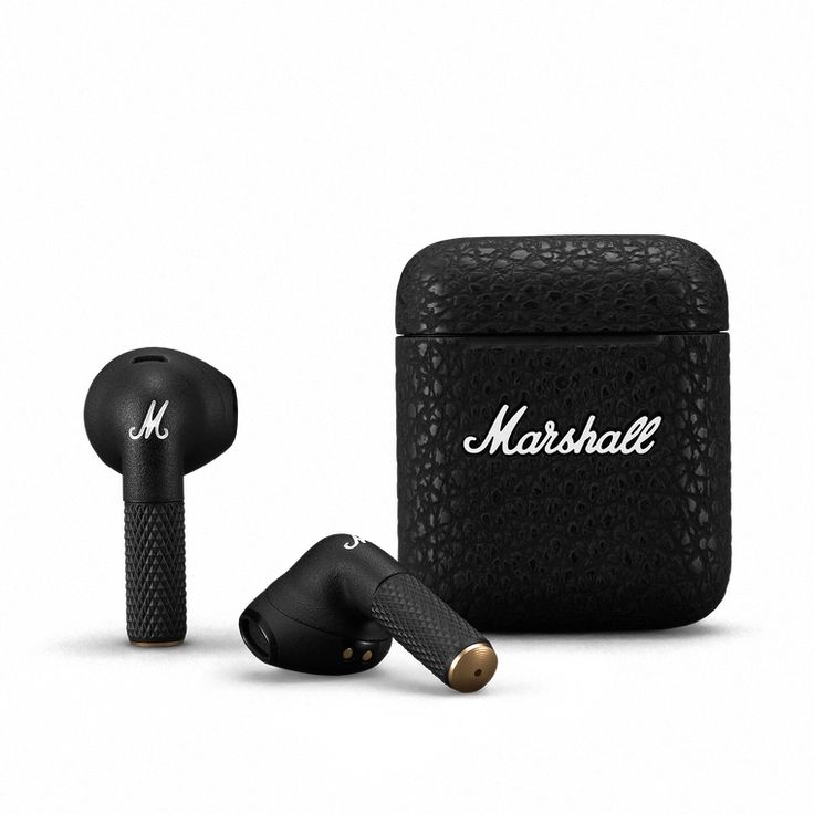 the marshall earbuds are black and have white lettering on them, along with a case