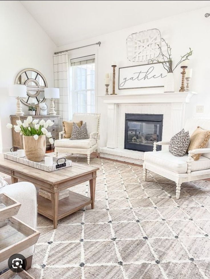 a living room filled with furniture and a fire place in the middle of a room