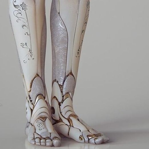 the legs and feet of a woman in white with gold trimmings, decorated with flowers