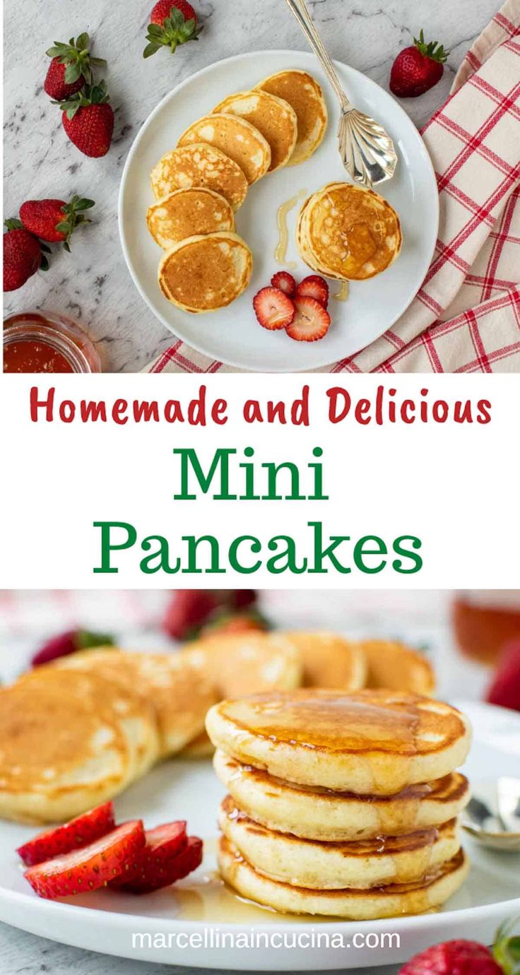 homemade and delicious mini pancakes with strawberries on the side