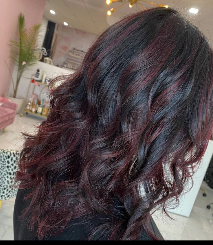 Dark Brown Hair Red Lowlights, Burgundy Partial Highlights, Auburn Hair On Dark Hair, Dark Brown With Red Lowlights, Dark Brown With Tint Of Red, Partial Red Balayage, Red Gloss On Black Hair, Red Low Lights For Black Hair, Dark Brown Hair With Red Tint Purple Caramel Highlights