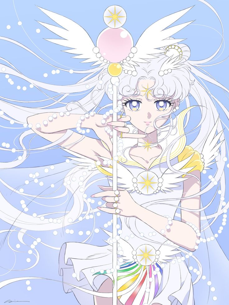 an anime character with long white hair and blue eyes holding a pole in her hands