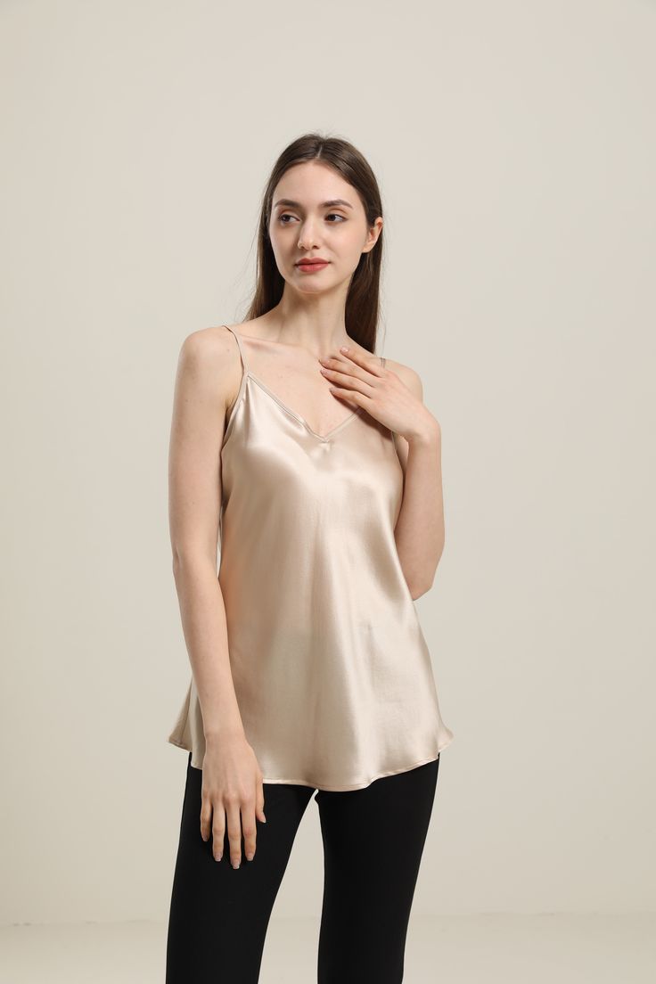 100% Mulberry Silk Breathable & Lightweight Lightweight & Comfortable Type: V Neck Silk CamisoleMaterial: 19Momme Charmeuse Silk Features: Satin, wear-resistant and stylish.Details: This light, regular fitted silk cami is a must-have, with its V-neck cut and adjustable straps to fit your preferred style. It is the perfect addition to any outfit, great for a night out, and can be paired with loungewear for a comfortable night in. Silk Tank Tops, Silk Shirt Blouses, How To Wash Silk, Silk Socks, Pink Peacock, Ballet Fashion, Silk Cami, Silk Camisole, Luxury Silk