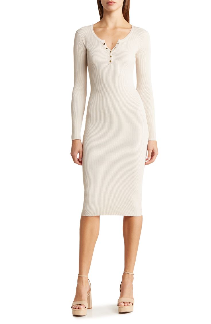 Soft and stretchy ribbed knit gives a cozy finish to a long-sleeve midi-length dress featuring a notched collar with gleaming snaps. 44 1/4" length Long sleeve Notch collar 70% viscose, 30% polyester Hand wash, dry flat Imported Ribbed Bodycon Long Sleeve Midi Dress, Fall Ribbed Bodycon Midi Dress, Ribbed Midi Dress For Fall, Fall Ribbed Midi Dress, Daytime Dresses, Notch Collar, Knit Midi, Long Sleeve Midi, Knit Midi Dress