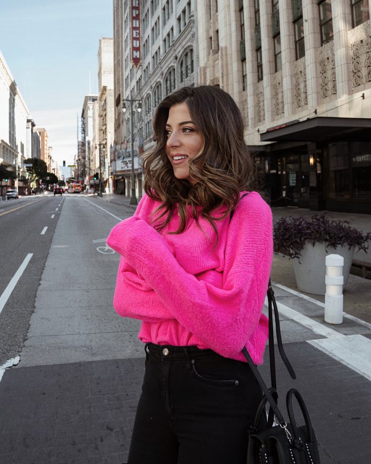 Hot Pink Turtleneck Outfit, Neon Pink Sweater Outfit, Pink Pullover Outfit Winter, Hot Pink Sweater Outfit Winter, Neon Shirt Outfit, Neon Pink Outfit Ideas, Bright Pink Sweater Outfit, Pink Pullover Outfit, Pink Turtleneck Outfit