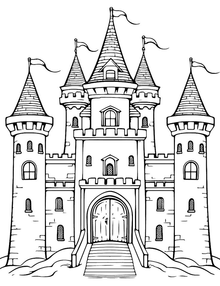 a castle coloring page with stairs leading to the front door and two towers on each side