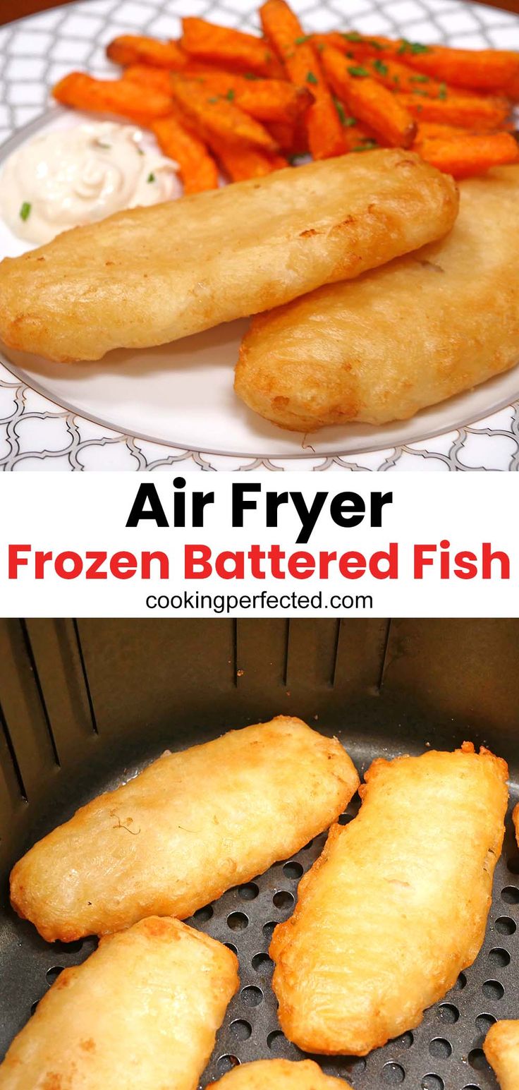 air fryer frozen battered fish with carrots on the side and fried in oil