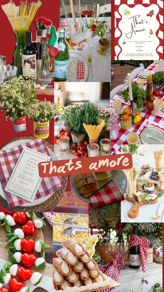 a collage of pictures with different foods and drinks on the table in red, white and green colors