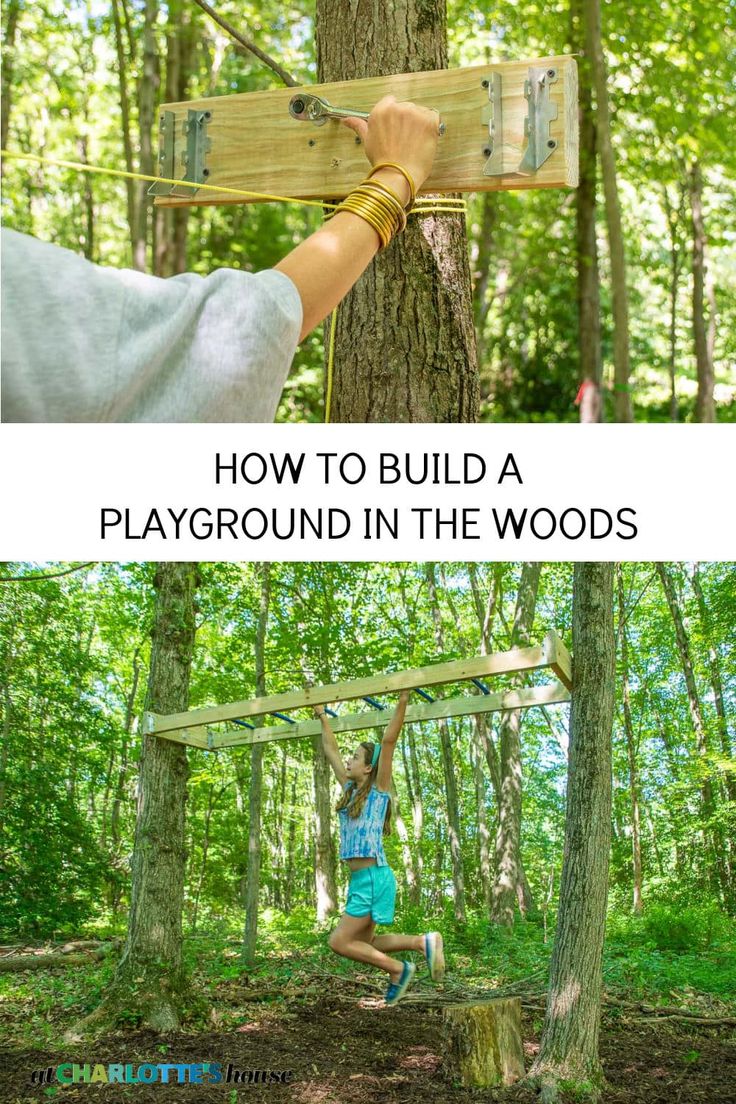 a person on a swing in the woods with text that reads make your own woodland playground