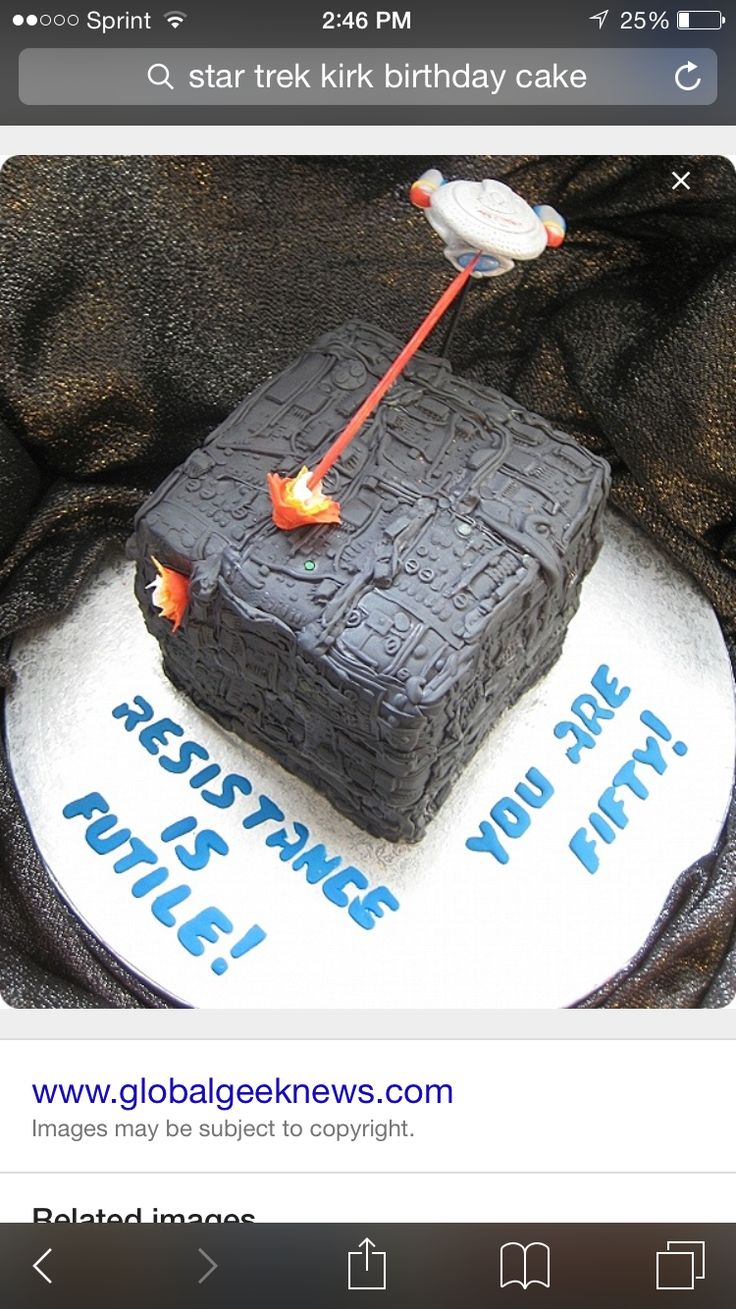 a star trek birthday cake is shown on an iphone screen, with the caption's message below it