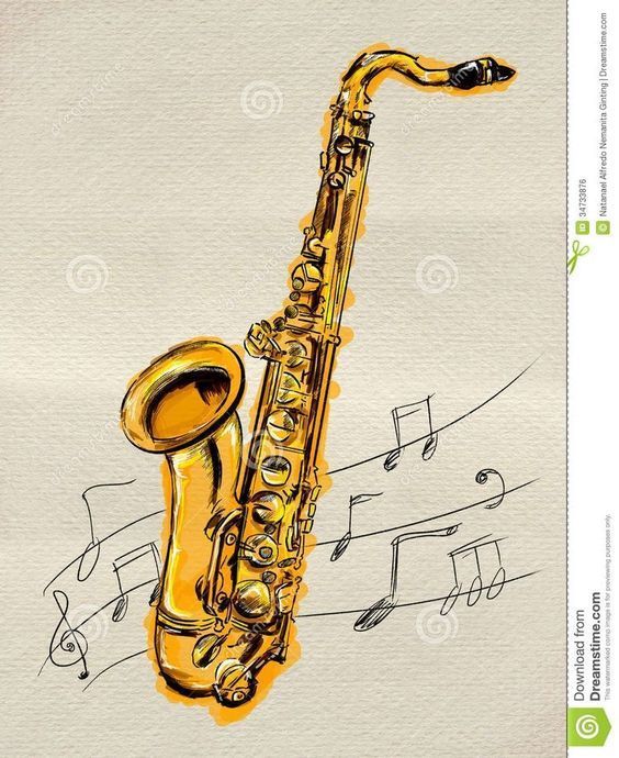 a drawing of a saxophone with musical notes in the background stock photo - image 3497