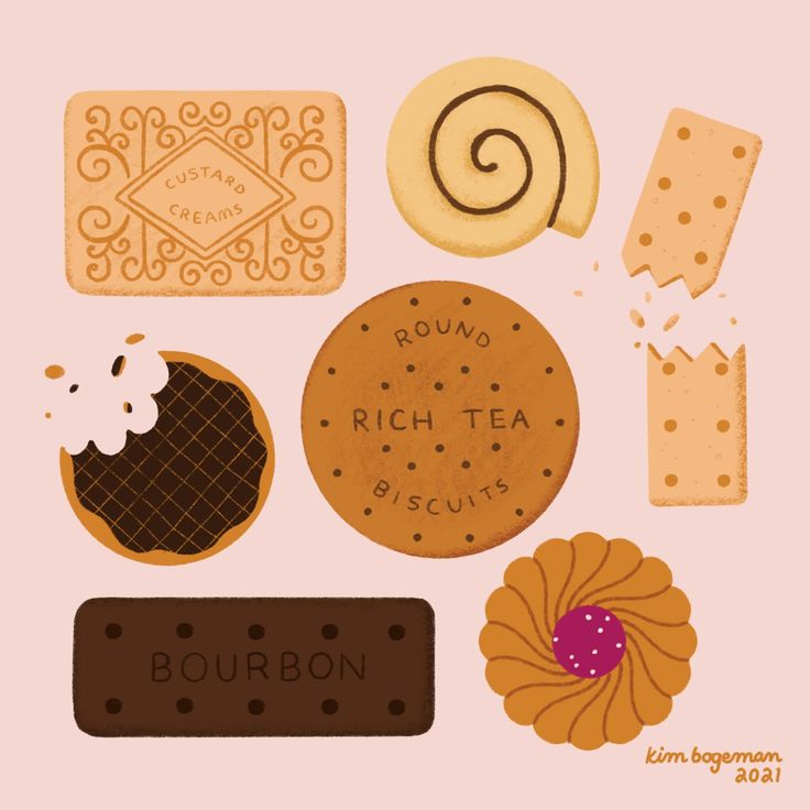 an assortment of cookies and pastries on a pink background with the words bourbon written below them