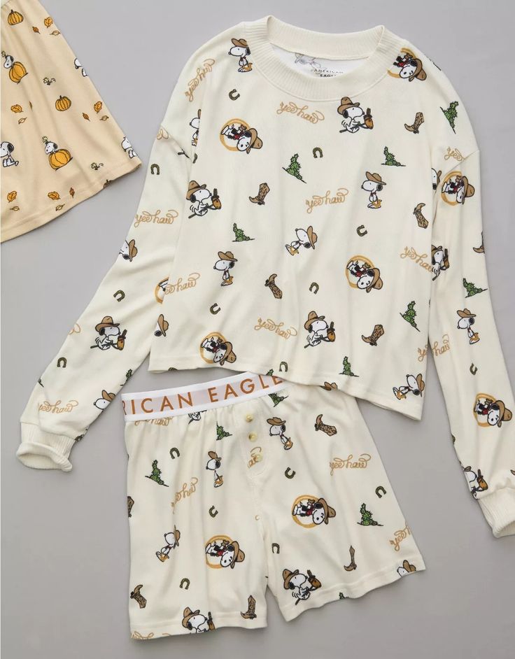 AE Peanuts Western Plush PJ Set American Eagle Pajamas, Cute White Sleepwear With Character Print, Cute White Character Print Sleepwear, Super Soft Comfortable White Sleepwear, White Super Soft Comfortable Sleepwear, White Super Soft Casual Sleepwear, Comfortable Super Soft White Sleepwear, Casual Super Soft White Sleepwear, Casual White Super Soft Sleepwear