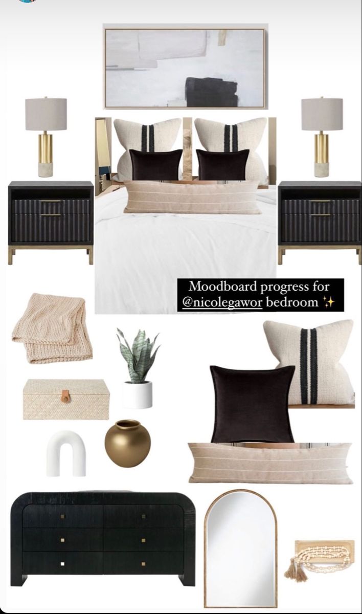 black and white bedroom mood board with gold accents