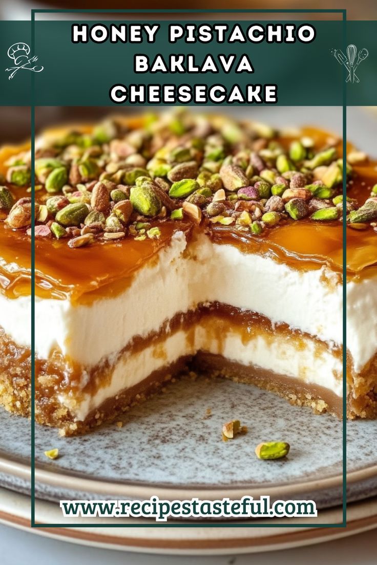 there is a piece of cheesecake with nuts on top and the bottom layer has been cut in half