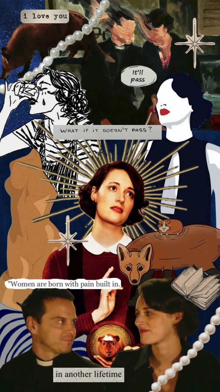 the collage has many different images and words on it, including an image of a woman