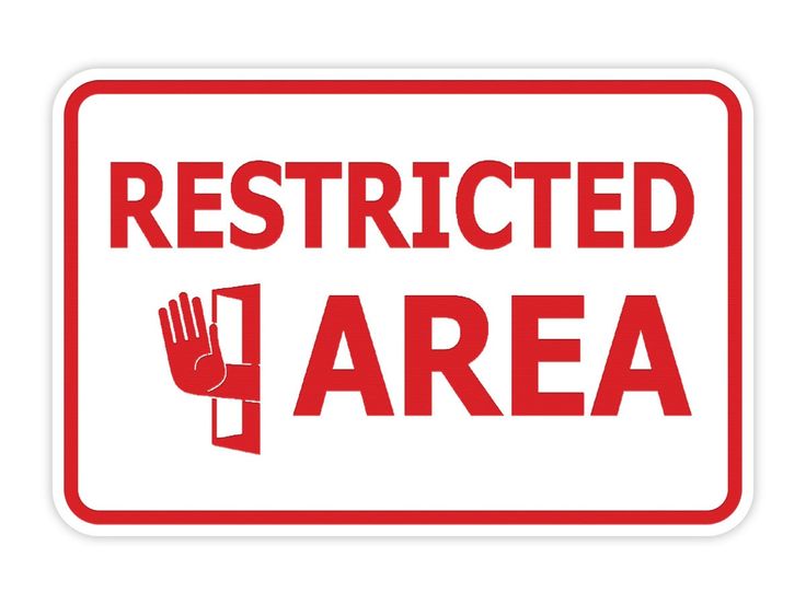 a red and white sign that says restricted area with an image of a hand holding the word