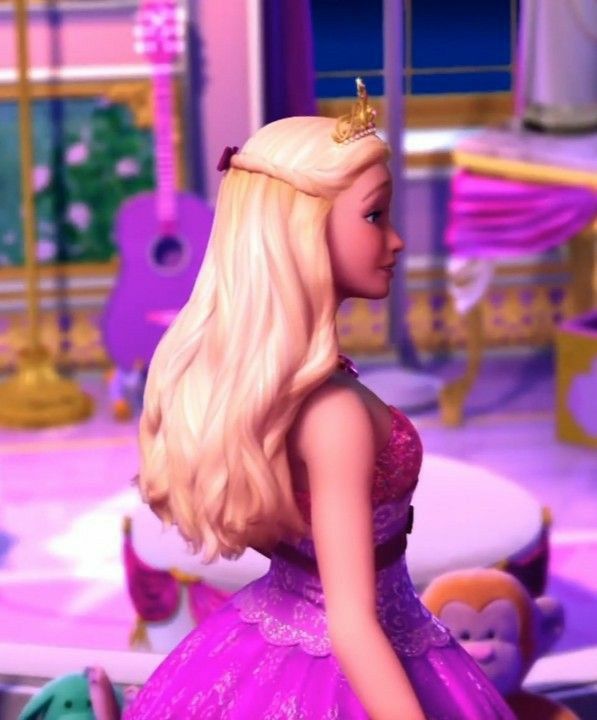 the barbie doll is wearing a tiara and sitting in front of a pink room