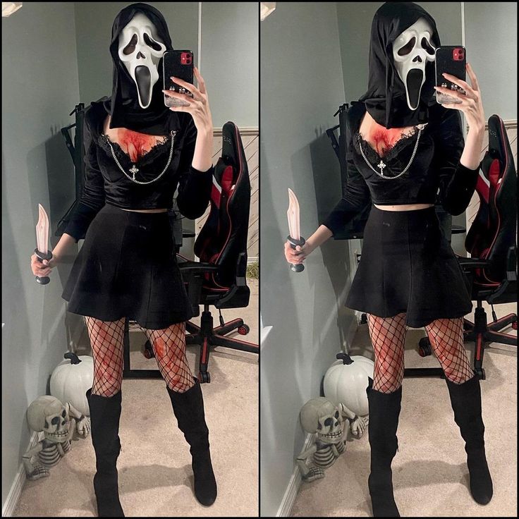 two pictures of a woman wearing a costume and holding a cell phone in her hand