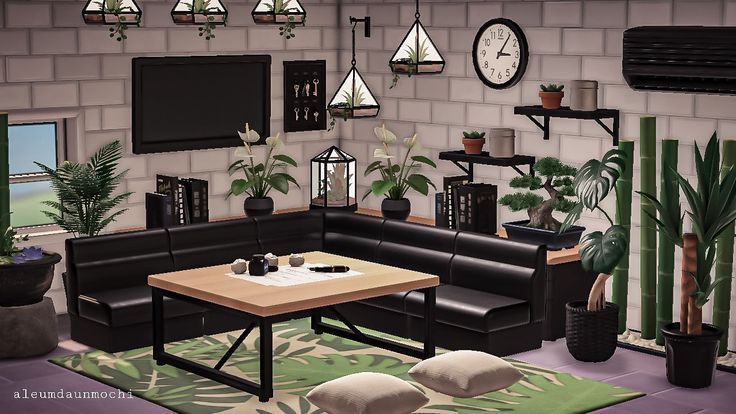 a living room filled with black furniture and lots of potted plants on the wall