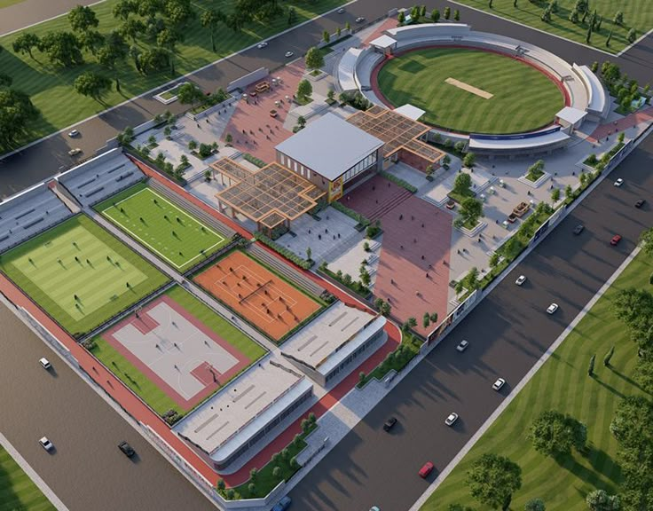 an aerial view of a tennis court and stadium