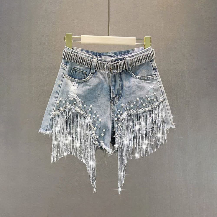 Gothic Punk Fringe Denim Shorts - Vedlit Beaded Denim, Street Model, Tassel Shorts, Baby Tees Y2k, Y2k Baby Tee, Denim Patterns, Gothic Punk, 90s Grunge, Button Fly Jeans