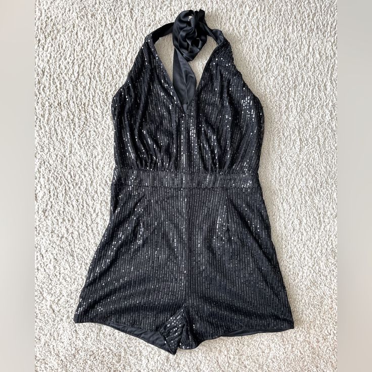 Never Worn Romper From Shein. Black Sequins With A Ribbon Tie Halter Top. Black Sequined Jumpsuits And Rompers For Party, Black Sequined Jumpsuit For Party, Black Stretch Jumpsuits And Rompers For Party Season, Black Fitted Jumpsuits And Rompers For Party Season, Black Stretch Jumpsuits And Rompers With Sequins, Black Stretch Sequined Jumpsuits And Rompers, Black Sequined Jumpsuits And Rompers For Date Night, Black Sequined Jumpsuit For Night Out, Black Sequined Jumpsuits For Date Night