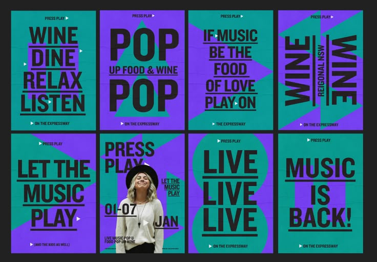 a woman standing in front of a purple and blue poster with words on it that say pop, wine, food & wine listen to the music play