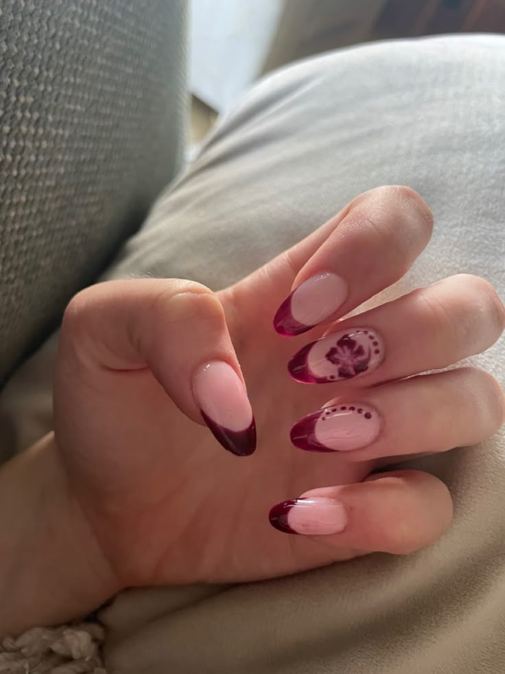 Nails Flower Tips, Spain Nails Ideas, Simple Hibiscus Nails, Red Hibiscus Nails, Tenerife Nails, Floral Nails Acrylic, French Tip With Flowers, French Tip Flower, Red Flower Nails