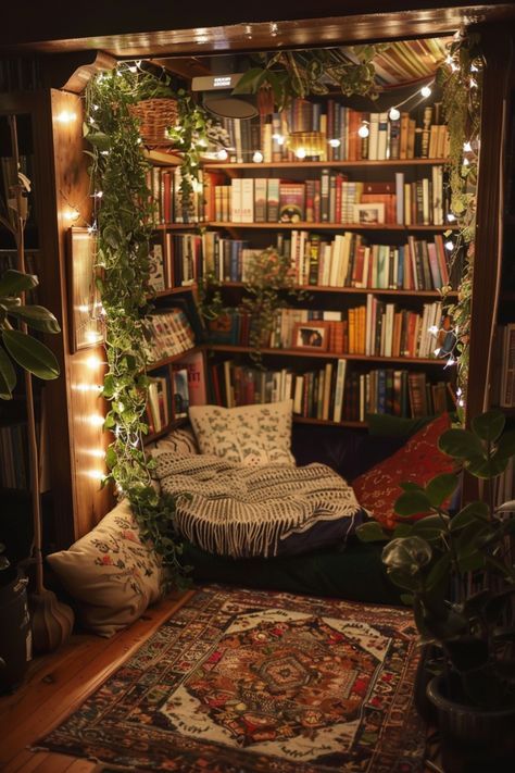 a living room filled with lots of books and plants on top of a book shelf