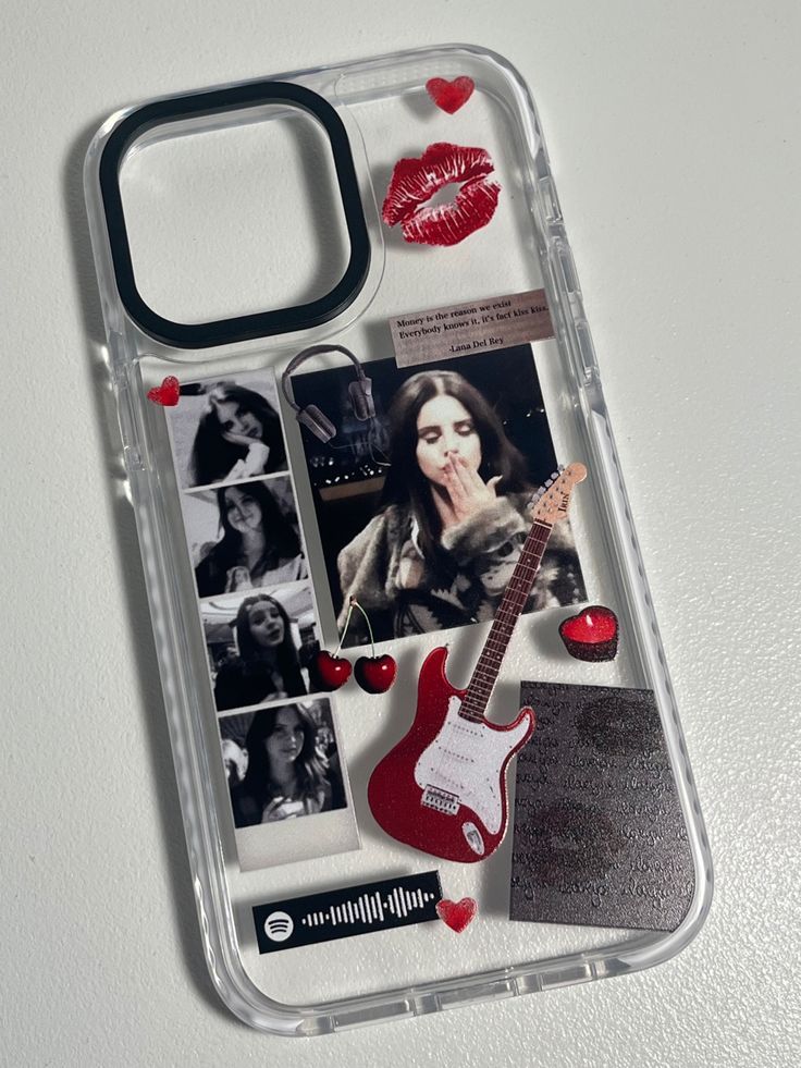 a cell phone case with photos and guitar on it