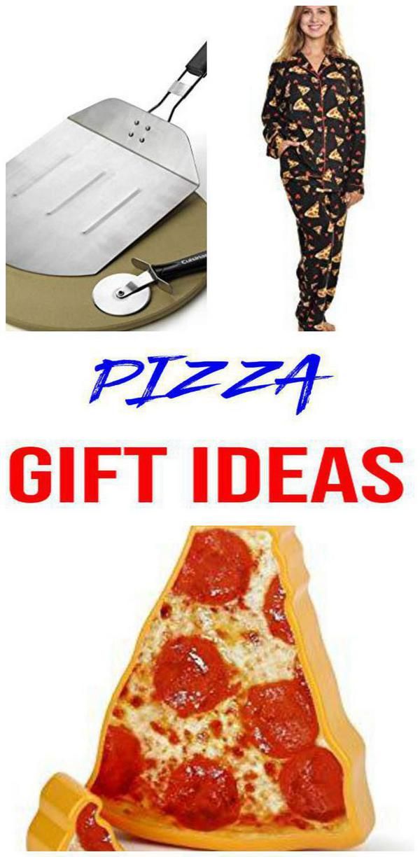 a woman in pajamas is standing next to a pizza pan and the words gift ideas written on it