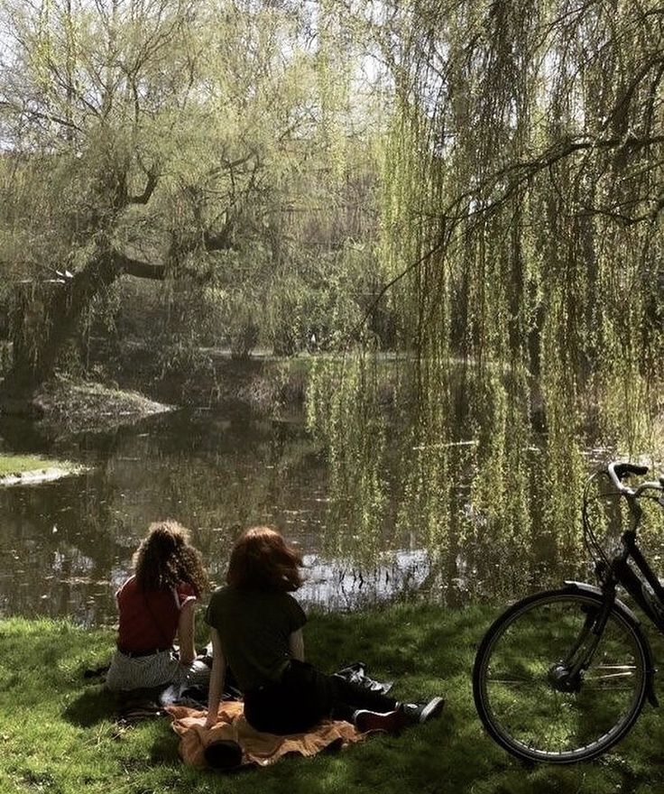 two people sitting on the grass near a pond and bike in the background, with trees reflected in the water