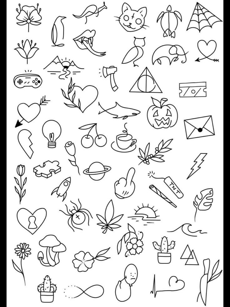 a black and white drawing of various symbols