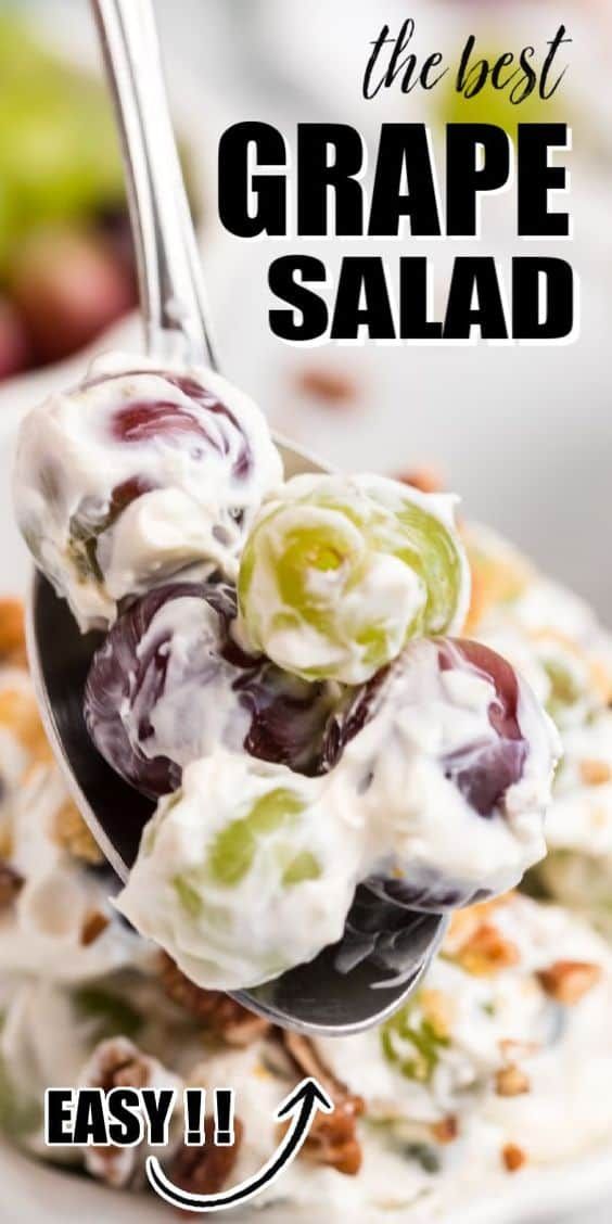 a spoon full of grapes and whipped cream with the title overlay reads, the best grape salad