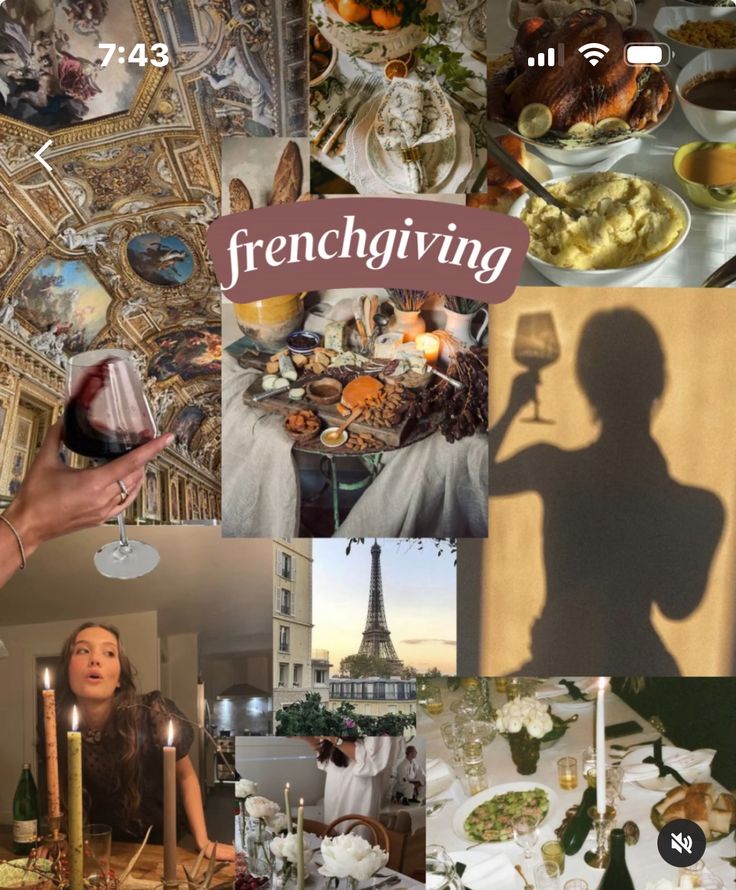 a collage of photos with the words french giving on them and images of people eating food