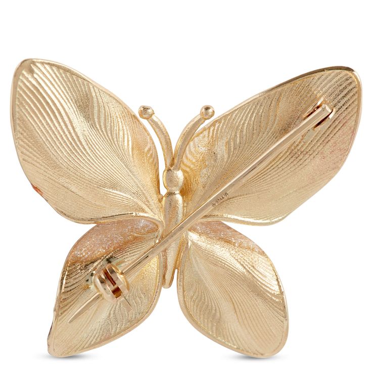 This gorgeous butterfly pin is a perfect combination of vibrant color and exquisitely crafted fine detail. Stunning enamel wings transition from deep green to gold with a depth of texture that speaks to the artistry and vision that makes our Toscano Collection so special. Made with high quality 14K yellow gold, this piece captures the balance and beauty of nature. Luxury Butterfly Brooch As Gift, Luxury Butterfly Brooches For Gifts, Gold Luxury Butterfly Ring For Formal Occasions, Luxury Gold Butterfly Ring For Formal Occasions, Gold Butterfly Brooch For Formal Occasions, Gold Butterfly Brooch For Wedding, Gold Butterfly Brooches For Wedding, Gold Formal Butterfly Ring, Butterfly Brooch For Evening Wear