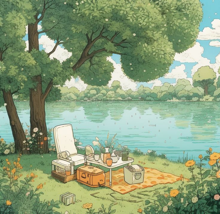 there is a picnic on the grass by the water with chairs and boxes in front of it