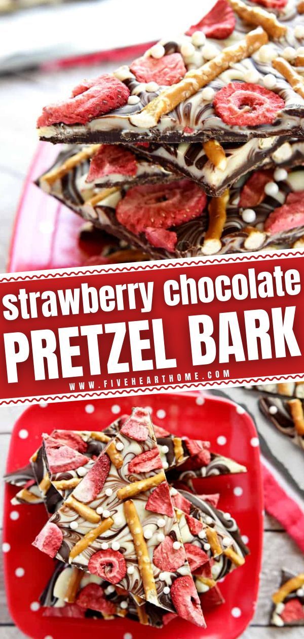 strawberry chocolate pretzel bark is on a red plate