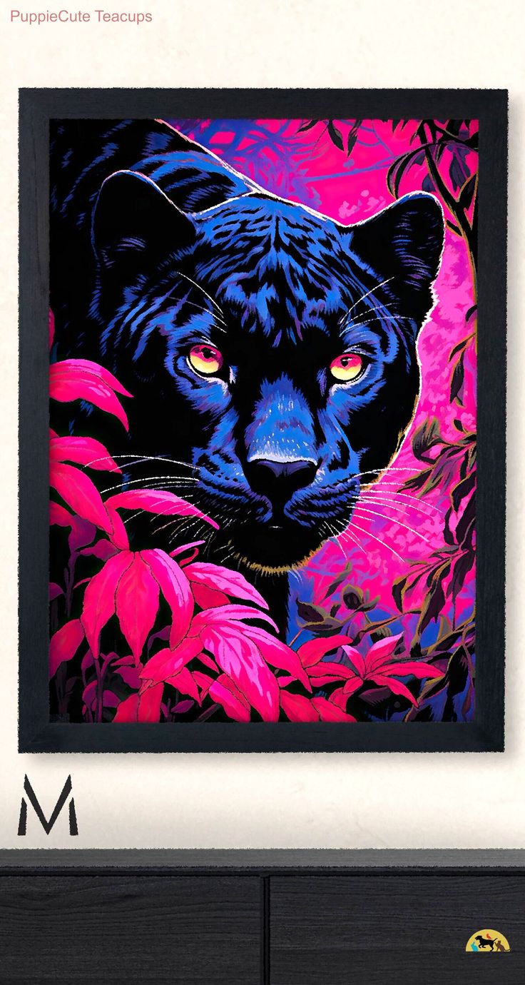 a painting of a black panther with pink and blue eyes in front of a white wall