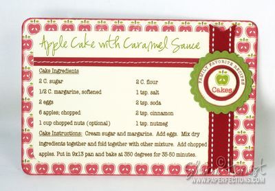 an apple cake with caramel sauce recipe card