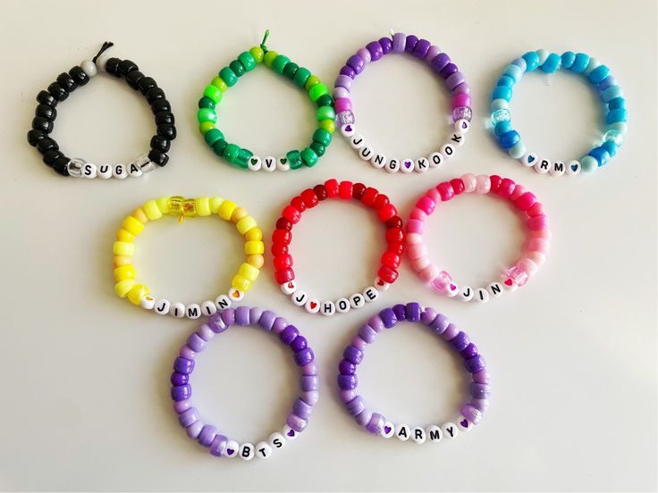 💜Do you bleed purple? 💜Show off your BTS Army pride with these bracelets! 💜 Bts Charm Bracelet, Personalized Purple Wristband For Friendship, Customized Purple Friendship Bracelets, Customized Purple Bracelets For Friendship, Customized Trendy Purple Beaded Bracelets, Bts Beaded Bracelet, Pride Friendship Bracelet, Bts Bracelets, Girls Vibes