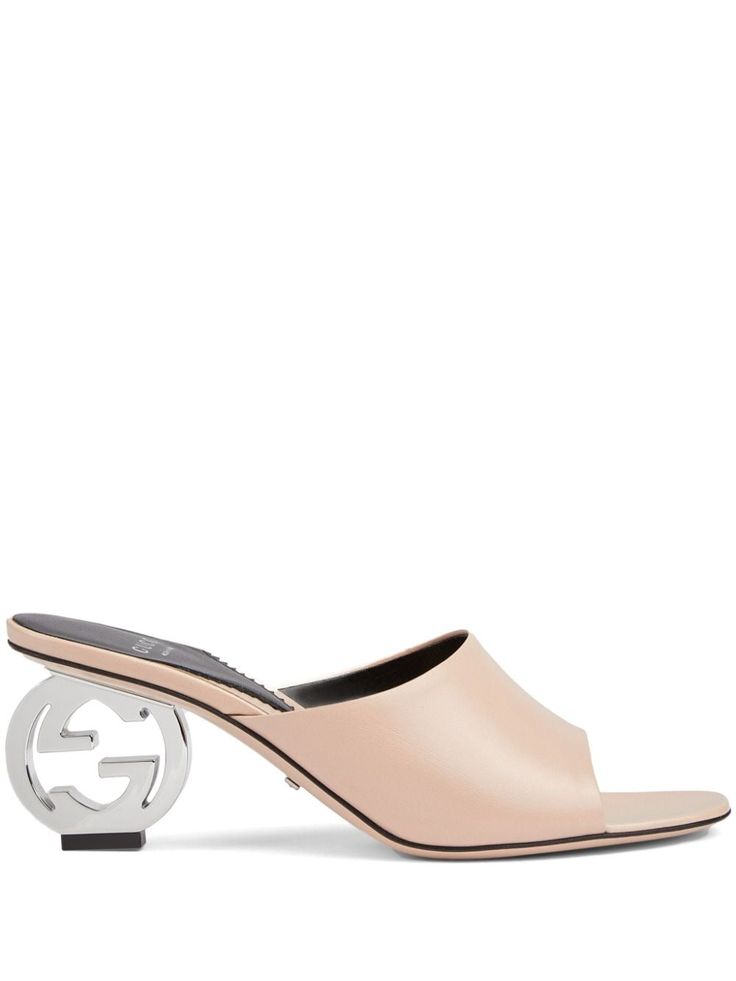 powder pink leather smooth grain round open toe single toe strap slip-on style sculpted heel branded leather insole leather outsole Gucci Heels, Heel Mules, Silver Heels, Pink Heels, Leather Mules, Gucci Mules, Powder Pink, Gucci Shoes, Pink Leather