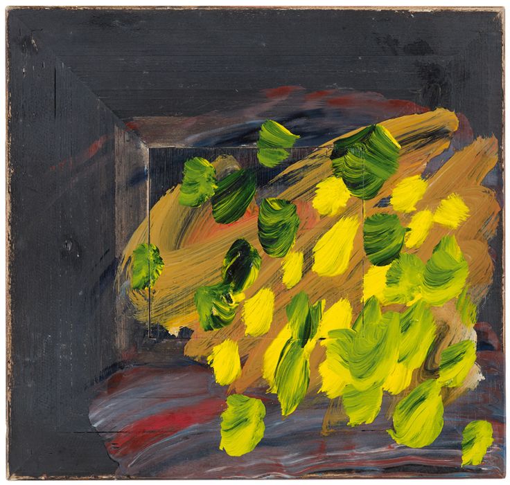 a painting of yellow flowers in a black frame