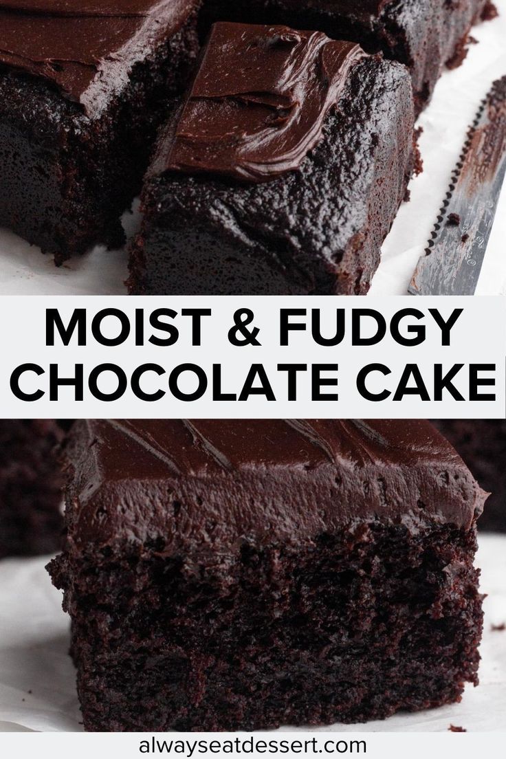 chocolate fudge cake is cut in half and stacked on top of each other with the words, moist & fudgey chocolate cake