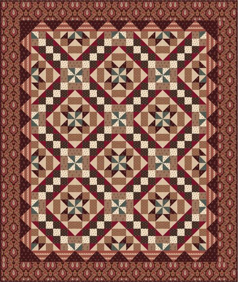 a quilt with many different designs on the front and back, all in brown and red