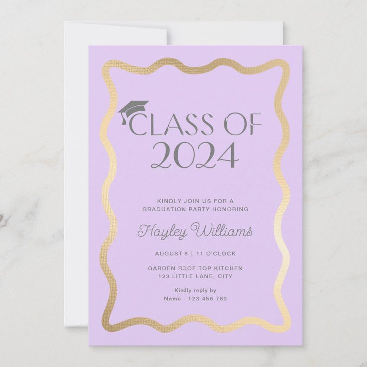 a class graduation party card with gold foil on the front and purple paper in the back